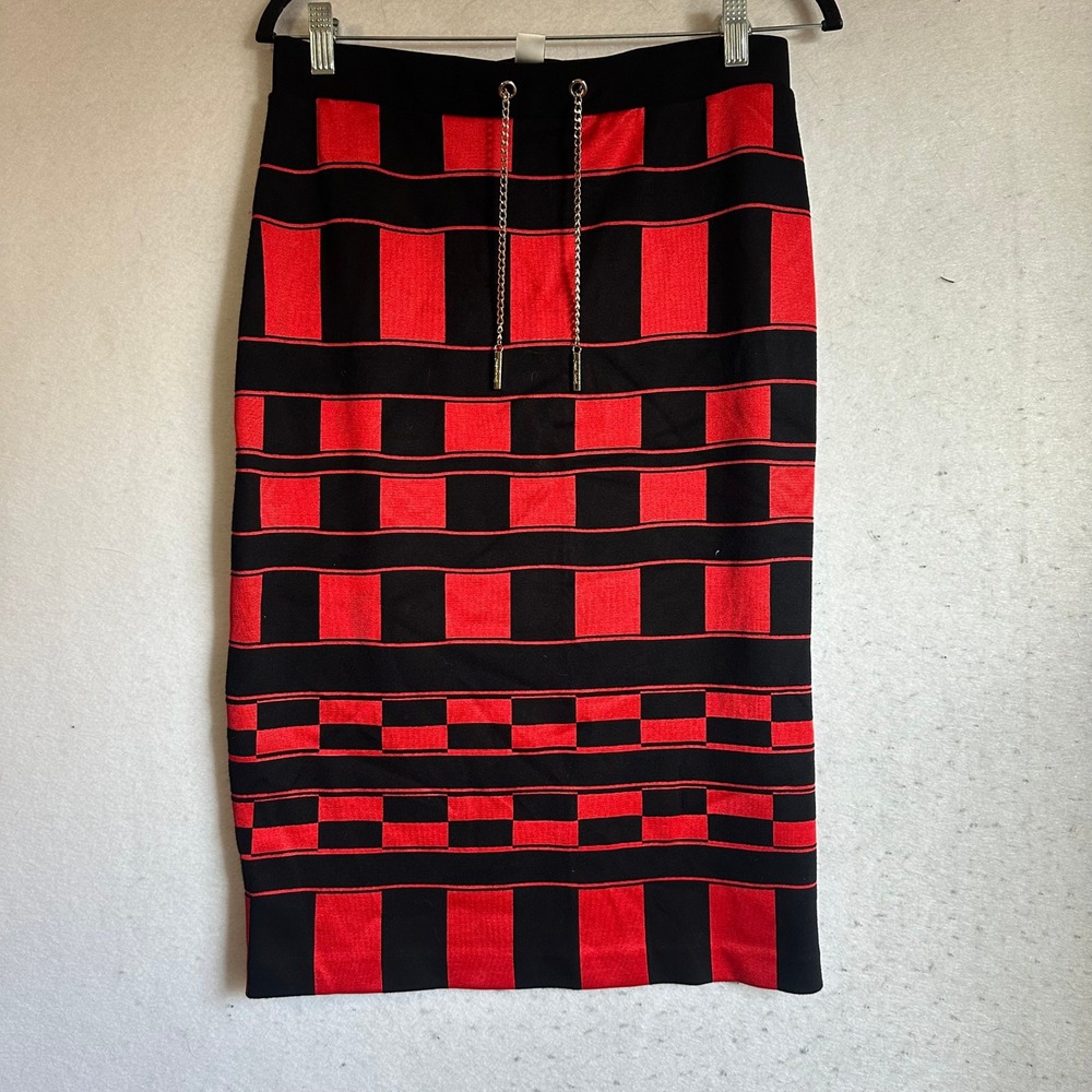 Joseph Ribkoff Red Black Geometric Block Stripe Pencil Skirt 12 Made in Canada